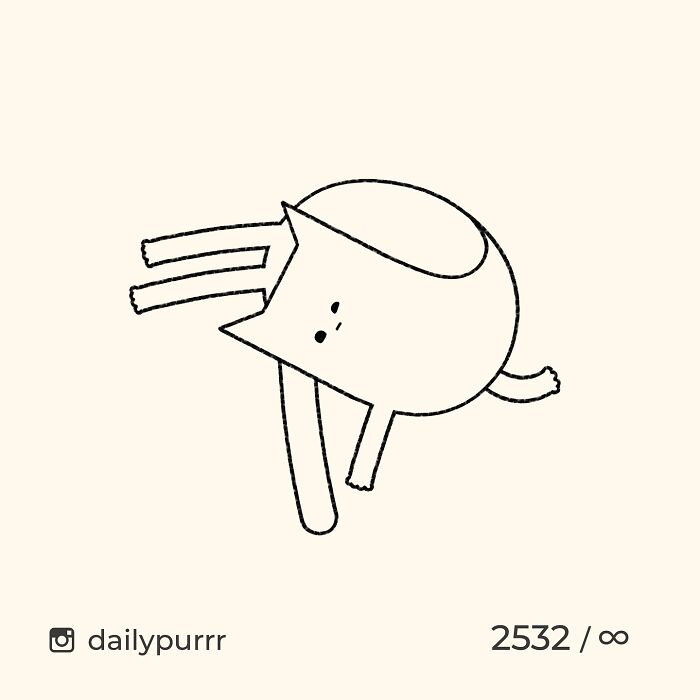 Minimalist doodle of a viral cat in a playful pose, showcasing the artist's hilarious and spot-on cat illustrations.