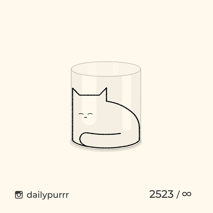 Minimalist doodle of a viral cat curled up inside a transparent glass, showcasing artist's spot-on cat illustrations.