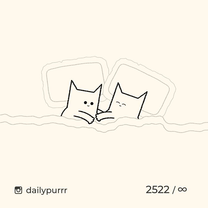 Minimalist doodle of two cats lying in bed, showcasing viral cat pics transformed into spot-on cat doodles by artist.