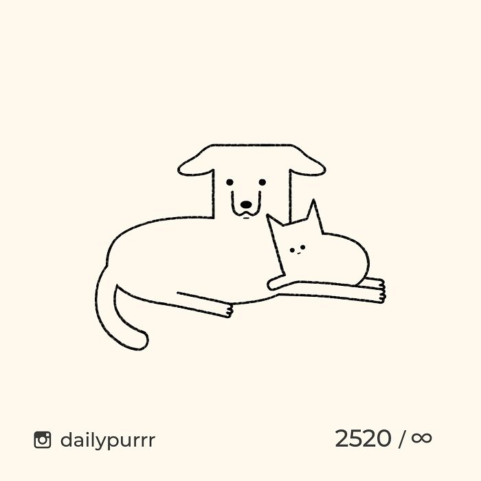 Minimalist doodle of a dog and cat together, showcasing hilarious and spot-on viral cat art by the artist.