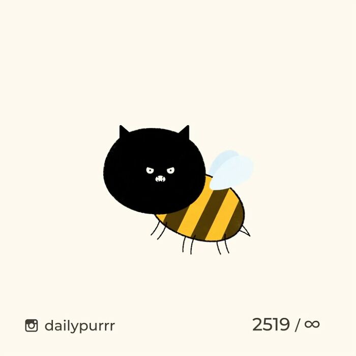 Minimalist doodle of a bee with a black cat head, part of viral cat pics turned into funny artist illustrations.