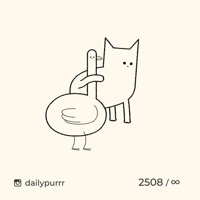 Minimalist doodle of a cat and a bird hugging, showcasing artist’s viral cat pics in a humorous sketch style.
