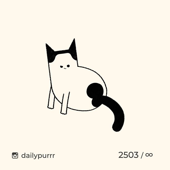 Minimalist doodle of a cat with black ears and tail, part of an artist's viral cat pics illustration series.