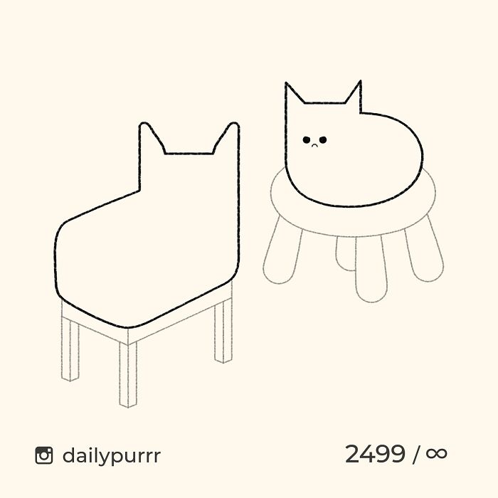 Minimalist doodles of viral cats humorously combined with furniture, showcasing creative and spot-on cat illustrations.