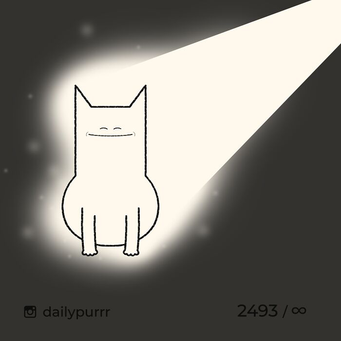 Minimalist doodle of a smiling cat in spotlight, showcasing viral cat pics transformed into humorous cat art.