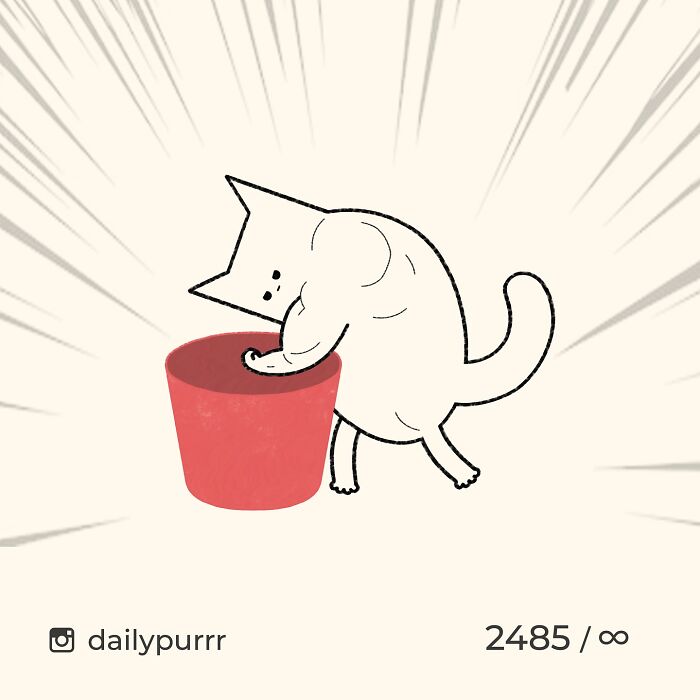Minimalist doodle of a cat with muscular arms reaching into a red bucket, showcasing viral cat pics transformed by an artist.