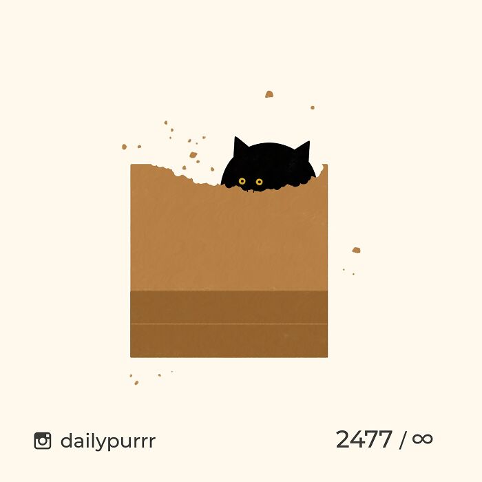 Black cat peeking from inside a brown box in a humorous viral cat doodle by artist.
