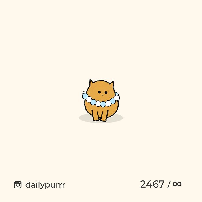 Minimalist doodle of a round orange cat wearing a pearl necklace, inspired by viral cat pics by an artist.