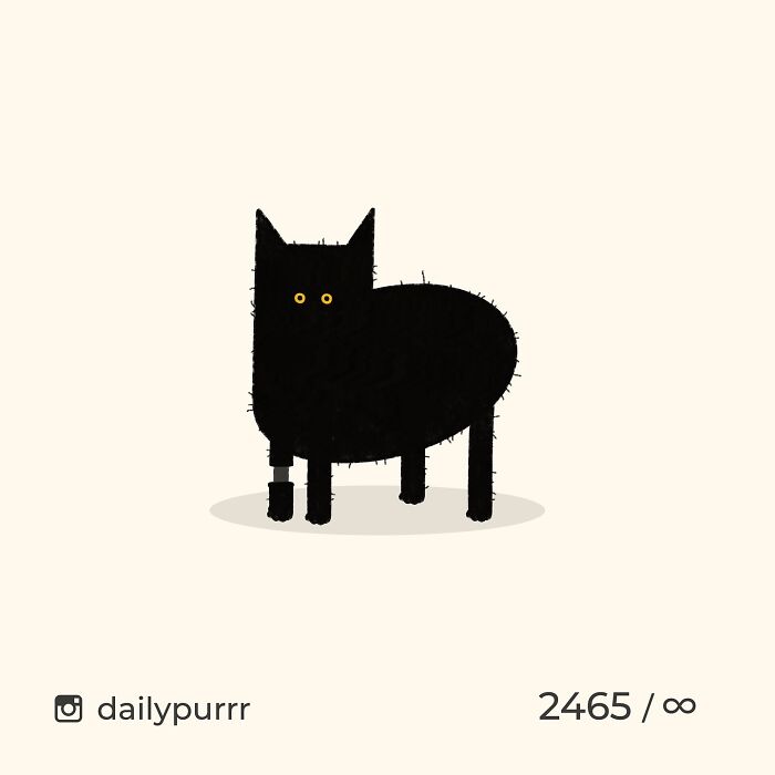 Minimalist doodle of a black cat with yellow eyes, part of viral cat pics turned into humorous cat doodles.