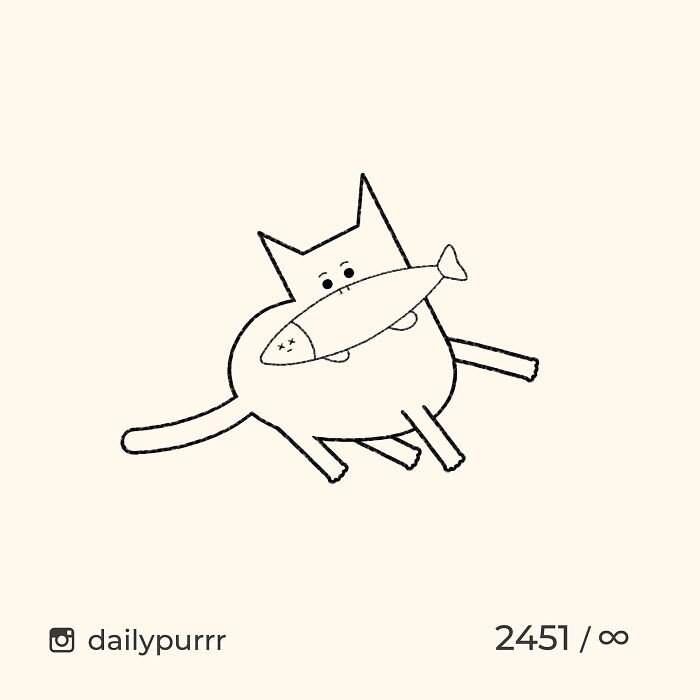 Simple doodle of a cat holding a fish in its mouth, part of viral cat pics turned into spot-on doodles.