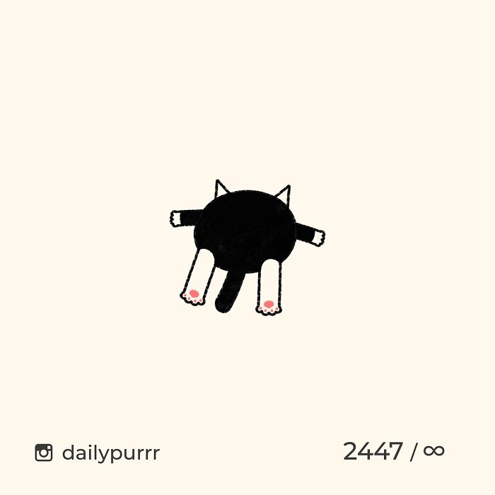 Minimalist doodle of a black cat from behind showing pink paw pads, part of viral cat pics art series.