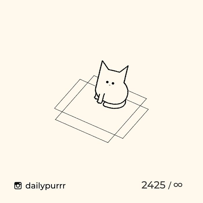 Minimalist doodle of a cat sitting inside simple overlapping squares, part of viral cat pics turned into art by an artist.