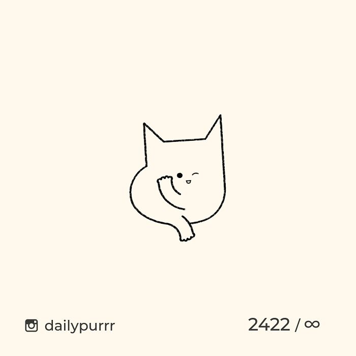 Minimalist doodle of a winking cat curling its paw, part of an artist's viral cat pics turned into spot-on doodles.