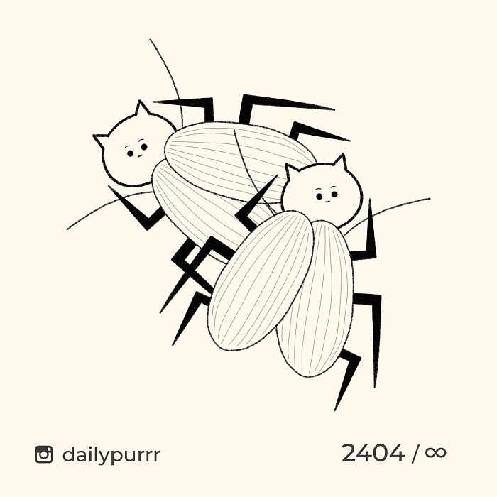 Minimalist doodles of two insects with cat heads, showcasing viral cat pics transformed into humorous art.