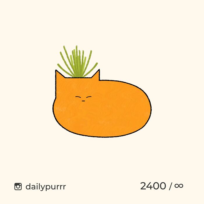 Simplified doodle of an orange cat with a green plant on its head by an artist creating viral cat pics.