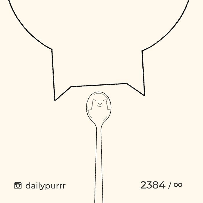Simple doodle of a cat reflected in a spoon, part of viral cat pic art by an artist known for spot-on doodles.