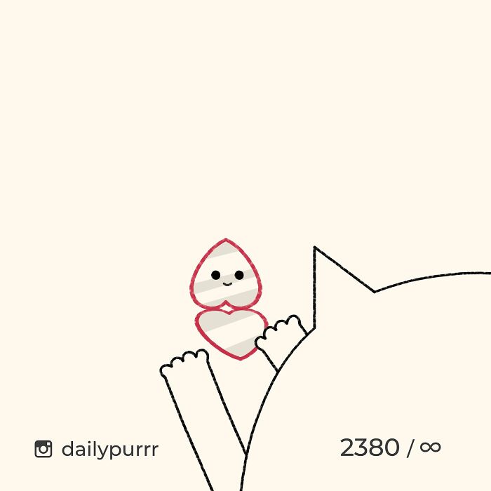 Minimalist doodle of a cat holding two heart-shaped objects with a cute face, part of viral cat pics art series.