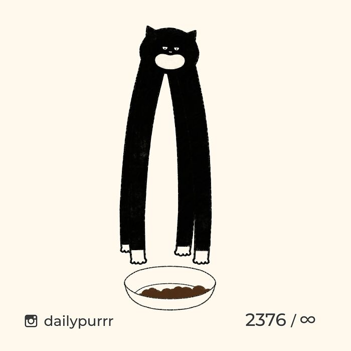 Minimalist doodle of a long black cat with a neutral expression standing over a bowl of food, viral cat pics inspired.