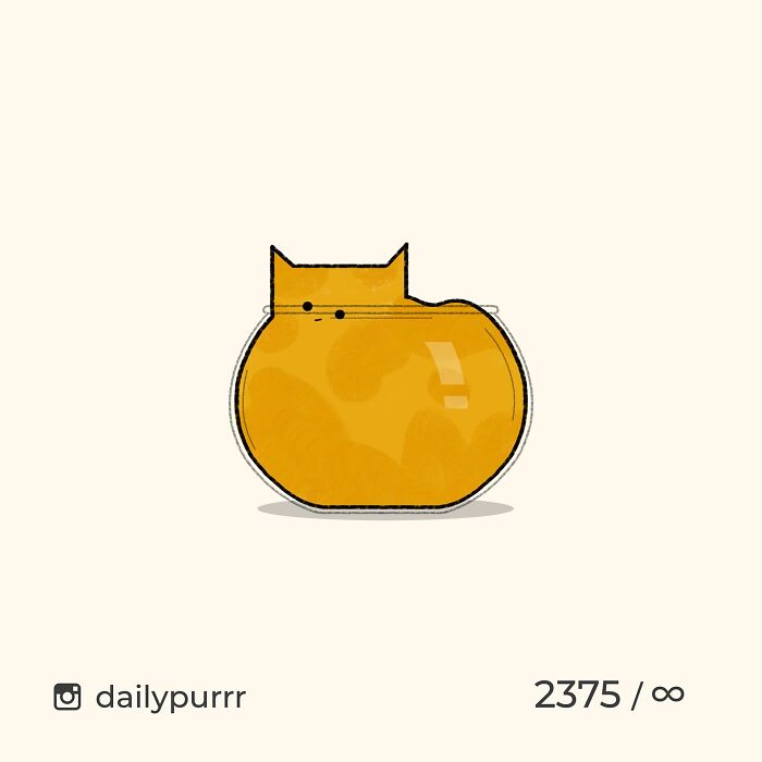 Minimalist doodle of a viral cat with an orange fishbowl-shaped body and simple facial features on a plain background.