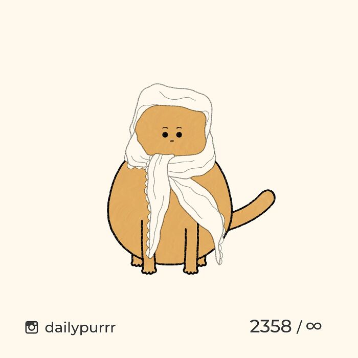 Simplified doodle of a cat wearing a white scarf, part of viral cat pics turned into hilarious doodles by an artist.