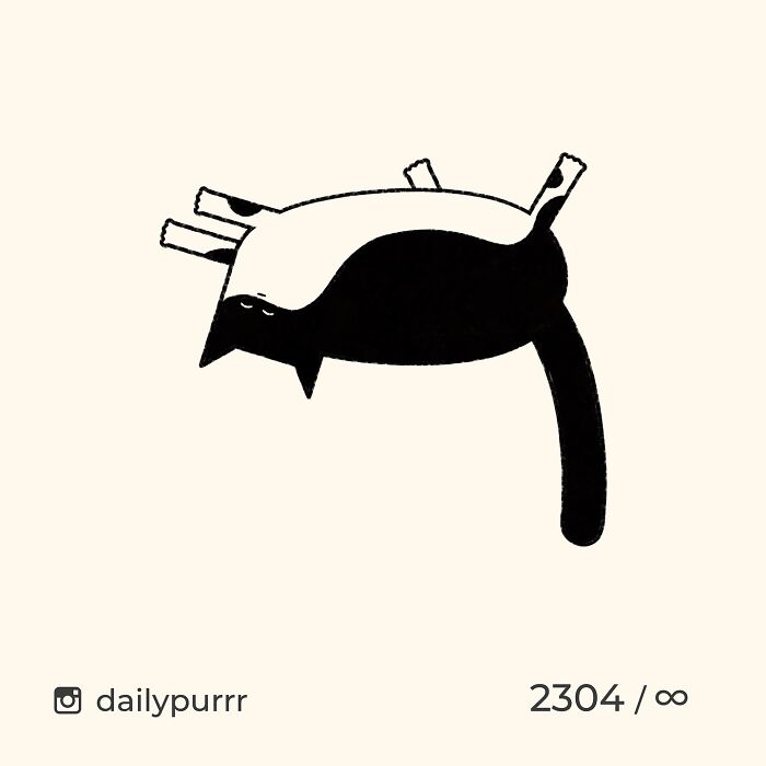 Minimalist doodle of a viral cat lying on its back with legs up, showcasing artist's spot-on cat illustrations.