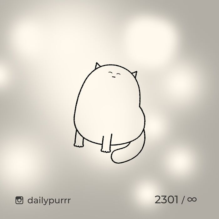 Minimalist doodle of a viral cat with a round body and small facial features, part of 155 viral cat pics drawings.