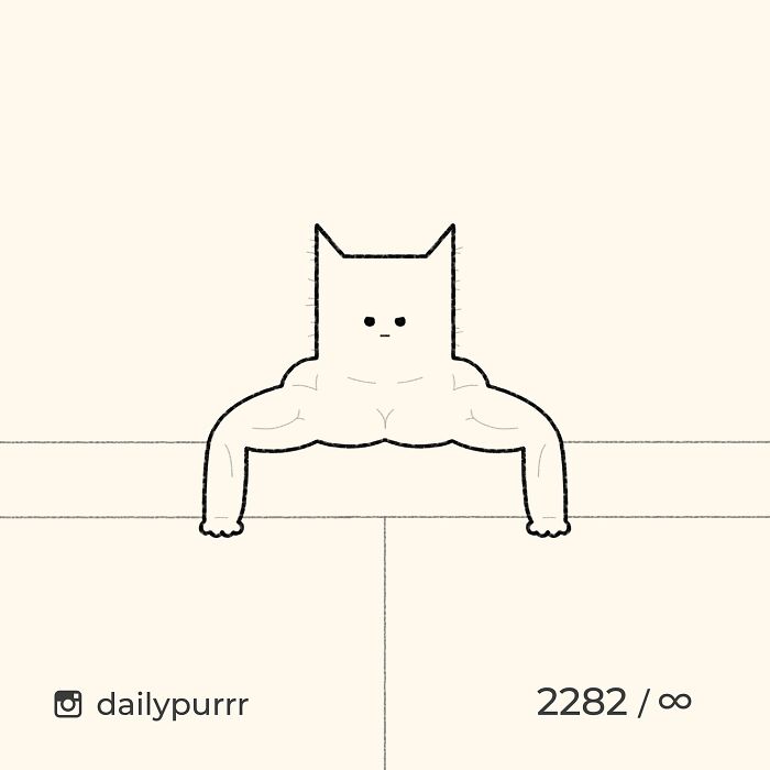 Hilarious spot-on doodle of a muscular cat with skinny cartoon features inspired by viral cat pics.