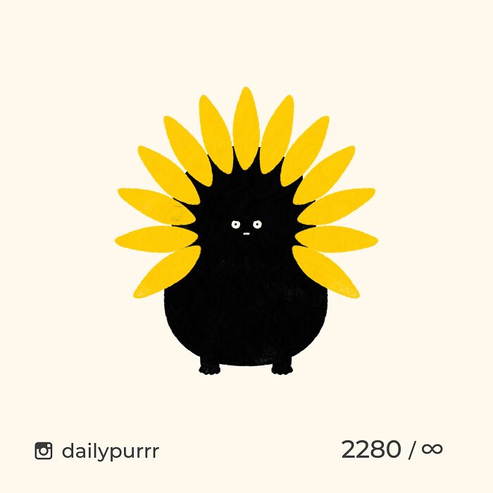 Black cat doodle with yellow sunflower petals surrounding its head in a humorous viral cat pics artwork style.