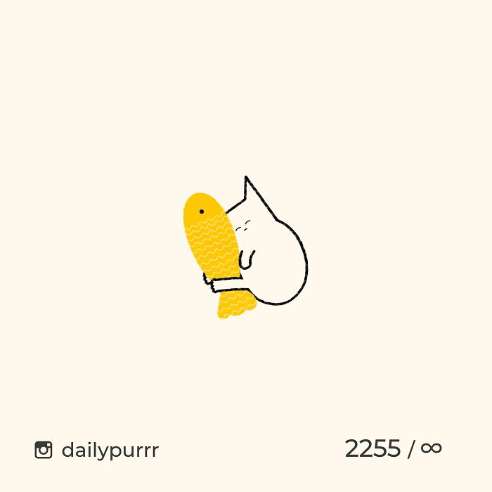 Minimalist doodle of a cat hugging a yellow fish, showcasing viral cat pics turned into funny spot-on art.
