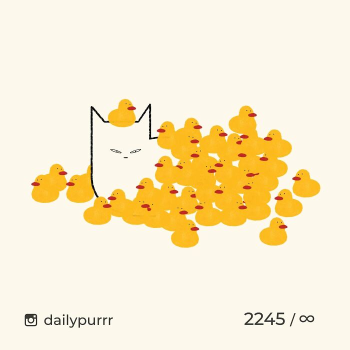 Minimalist doodle of a cat hidden among numerous yellow rubber ducks, showcasing viral cat pics turned into art.