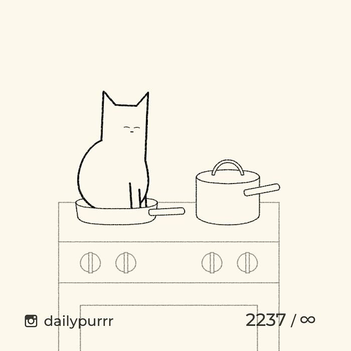 Minimalist doodle of a cat sitting in a frying pan on a stove, capturing viral cat pics in a humorous style.