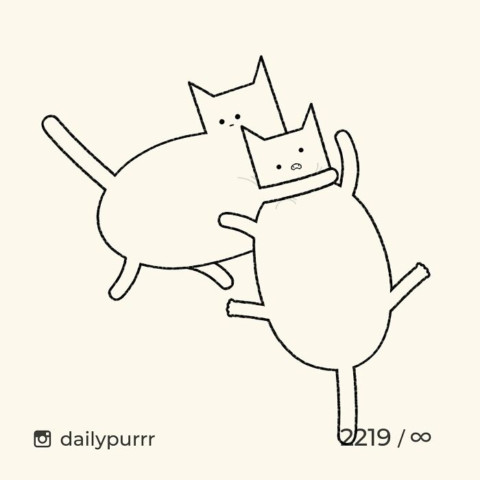 Minimalist doodle of two playful cats inspired by viral cat pics, capturing their quirky and humorous interaction.