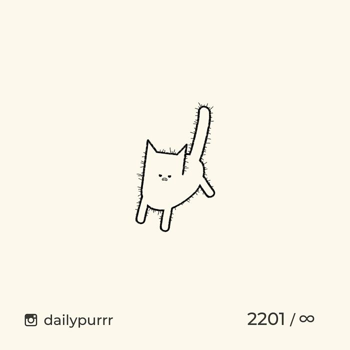 Minimalist doodle of a viral cat with spiky fur, created by an artist known for viral cat pics and spot-on sketches.