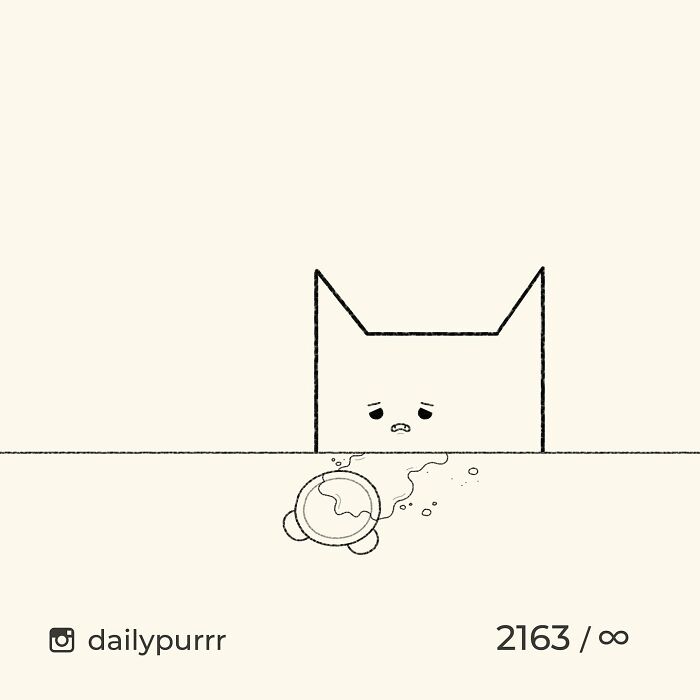 Minimalist doodle of a cat looking sadly at a spilled coffee cup illustrating viral cat pics by the artist.