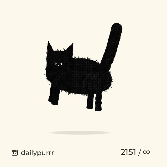 Black doodle of a viral cat with wide eyes and a raised tail, showcasing a humorous and spot-on artistic style.