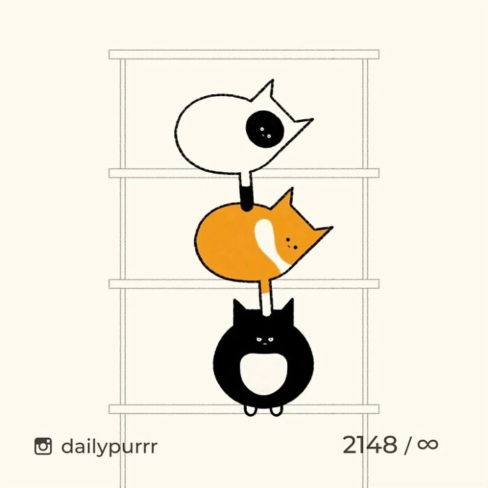 Minimalist doodles of three stacked cats in black, white, and orange, showcasing viral cat pics transformed by an artist.