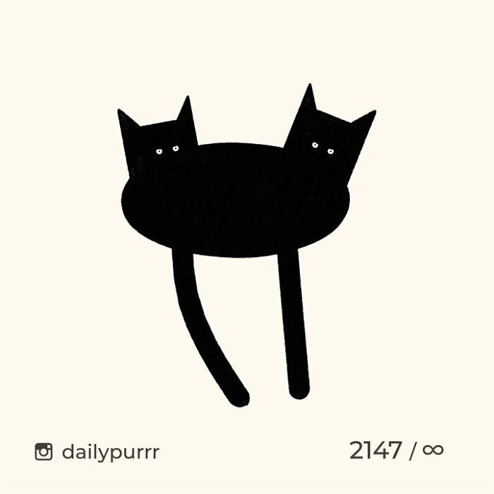 Minimalist doodle of two black cats with simple shapes and white eyes, inspired by viral cat pics artwork.