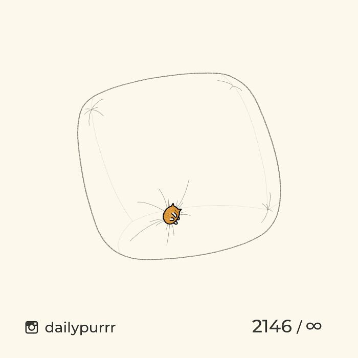 Minimalist doodle of a small orange cat curled up on a large cushion, showcasing viral cat pics in a humorous style.