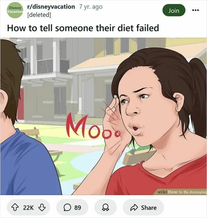 Woman whispering moo to a man in a humorous scene from rewritten WikiHow captions for funny content.