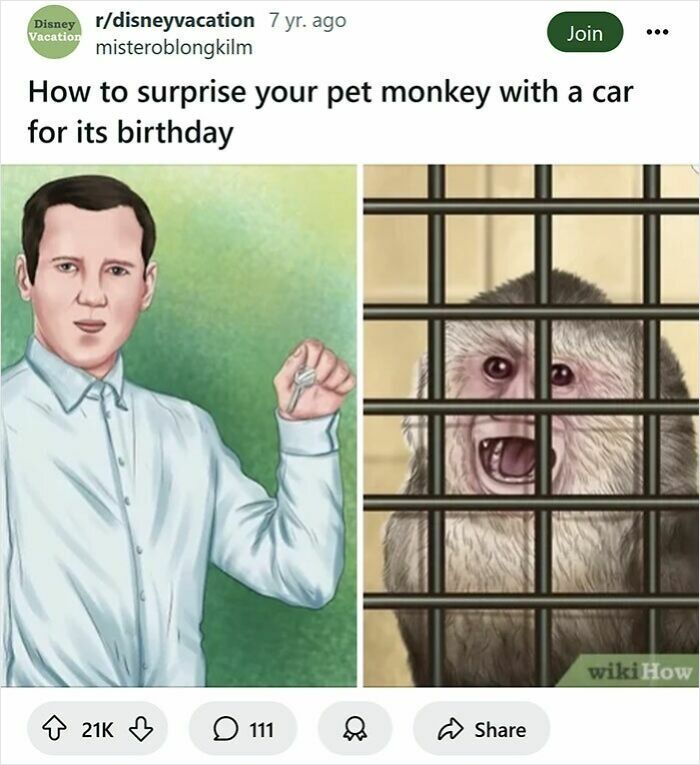 Man holding car keys beside a caged monkey, illustrating funny rewrites of wikiHow captions with humorous edits.
