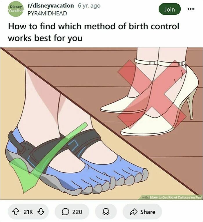 Funny WikiHow caption rewrite showing two pairs of shoes with checkmark and X for best birth control method.
