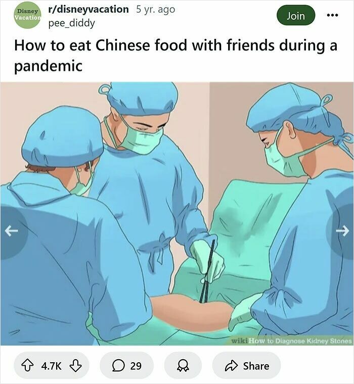 Three medical professionals in surgical gear seemingly eating Chinese food with chopsticks, a funny WikiHow caption rewrite.