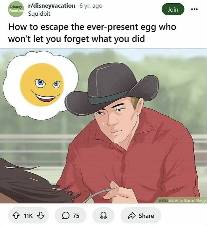 Man in cowboy hat thinking about a smiling egg in a funny rewritten WikiHow caption about escaping an ever-present egg.