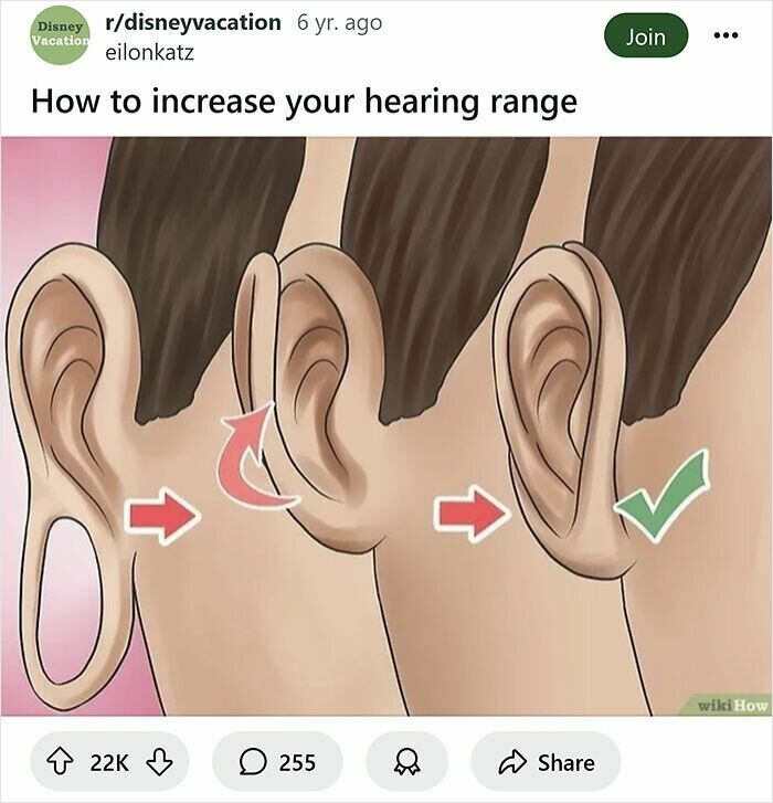 Illustration showing a humorous WikiHow caption rewrite about increasing hearing range with ear modifications.