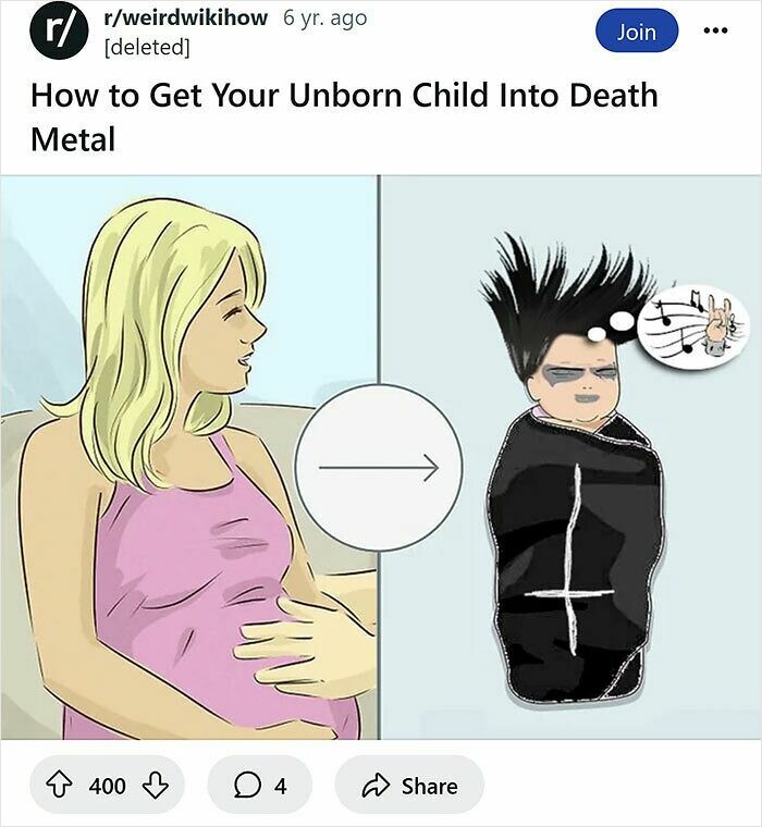 Pregnant woman illustration paired with a funny altered WikiHow caption about death metal and unborn child.