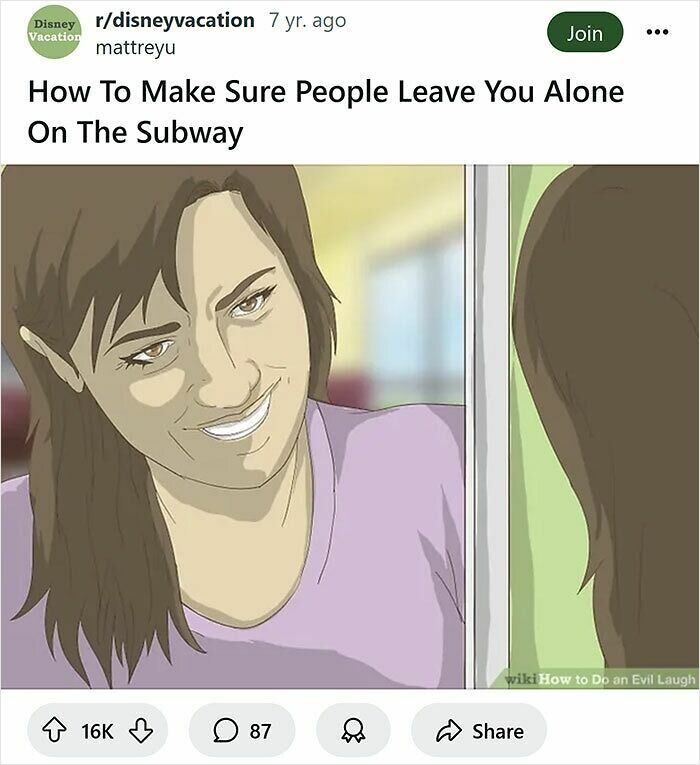 Person smirking in a subway reflection with a humorous rewritten WikiHow caption from funny WikiHow captions collection.