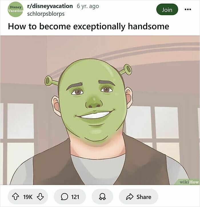 Cartoon image humorously edited showing a person with a Shrek face in a funny WikiHow caption rewrite.