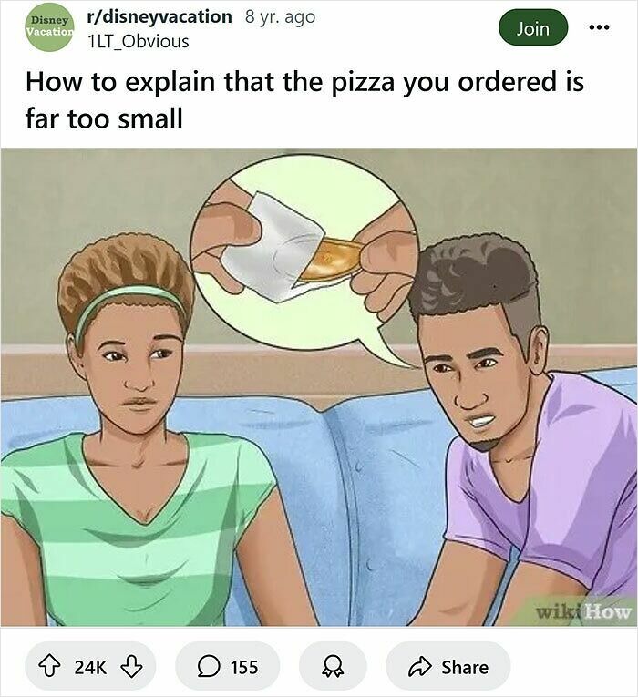 Two people on a couch with a funny rewritten WikiHow caption about explaining a pizza slice being too small.