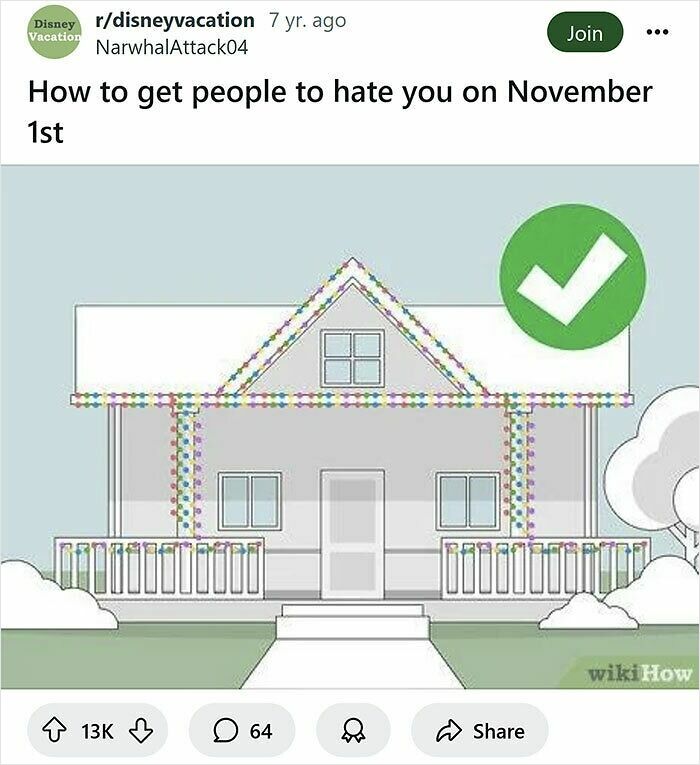 Funny rewritten wikiHow caption showing a house decorated with colorful lights to annoy neighbors on November 1st.