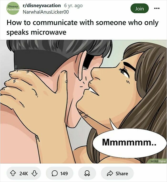 Reddit post showing a funny rewritten WikiHow caption about communicating with someone who only speaks microwave.